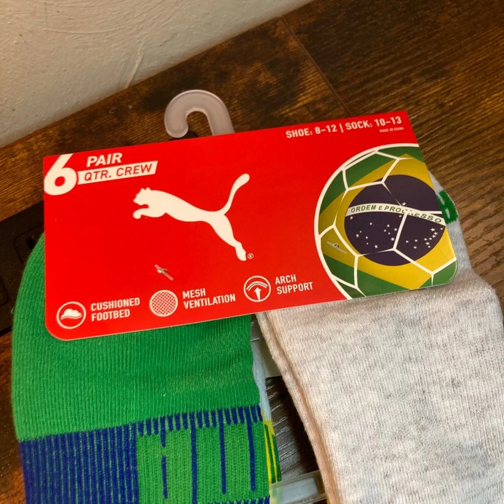 Puma World Cup Socks Selecao Brasil Futebol Mens 8-13 Quarter Crew 6 Pair 2026